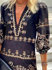 Women's Dresses Vintage Print V-Neck Mid-Sleeve Dress