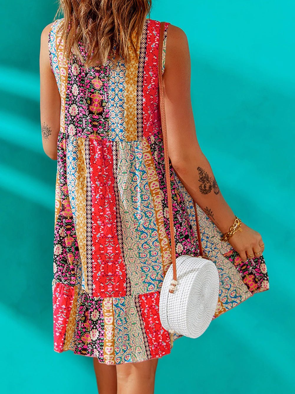 Women's Dresses Vintage Print V-Neck Sleeveless Mini Dress