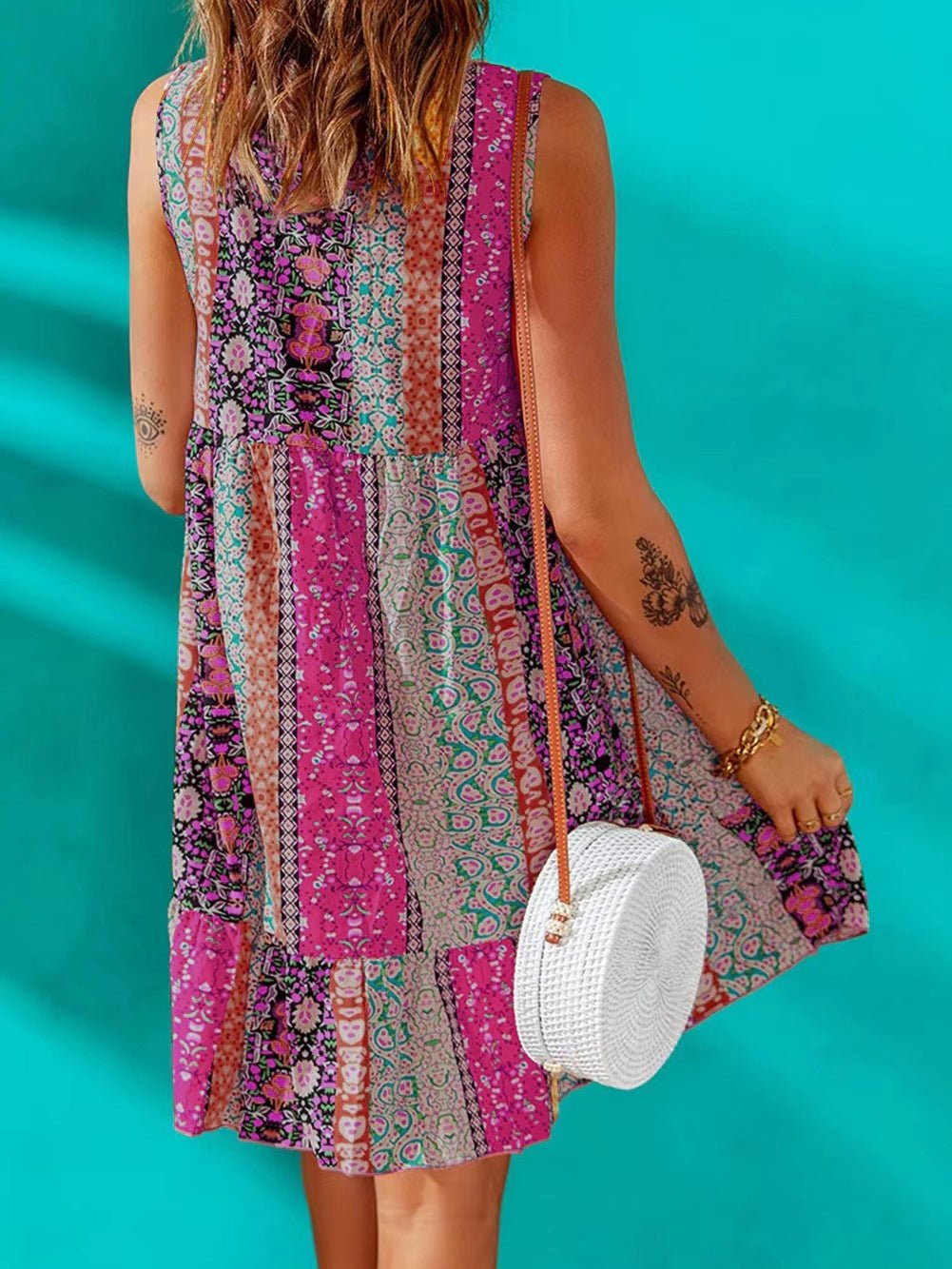 Women's Dresses Vintage Print V-Neck Sleeveless Mini Dress