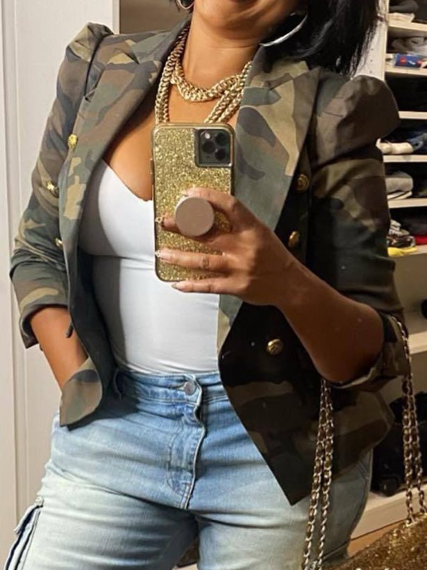 Women's Jackets Camouflage Print Lapel Double -Breasted Jacket