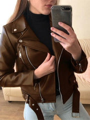 Women's Jackets Zipper Long Sleeve PU Skinny Leather Jacket