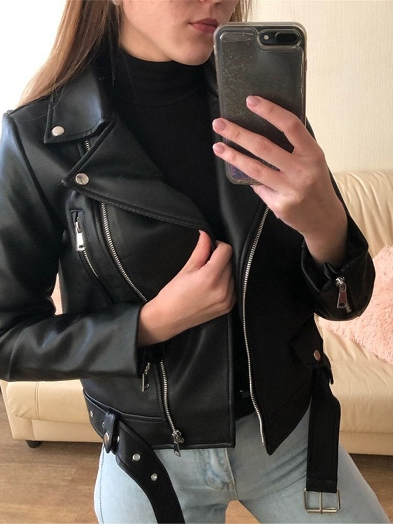 Women's Jackets Zipper Long Sleeve PU Skinny Leather Jacket