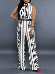 Women's Jumpsuits Fashion Printed V-Neck Button Jumpsuit