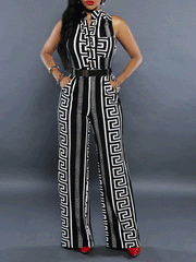 Women's Jumpsuits Fashion Printed V-Neck Button Jumpsuit