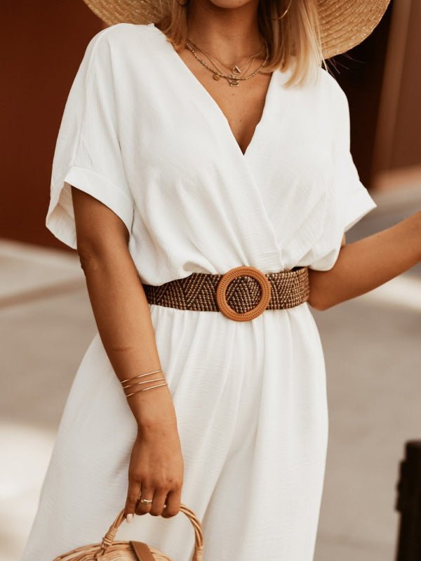 Women's Jumpsuits V-Neck Bat Short Sleeve Belt Jumpsuit