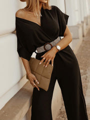 Women's Jumpsuits V-Neck Bat Short Sleeve Belt Jumpsuit