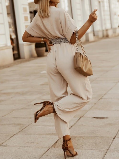 Women's Jumpsuits V-Neck Bat Short Sleeve Belt Jumpsuit