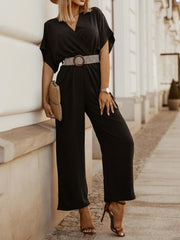 Women's Jumpsuits V-Neck Bat Short Sleeve Belt Jumpsuit