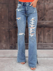 Women's Jeans Washed Shredded Micro-Flare Slit Jeans
