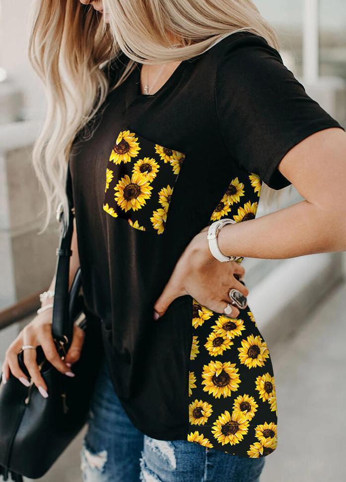 Leopard Printed Patchwork V Neck Short Sleeve T-shirt