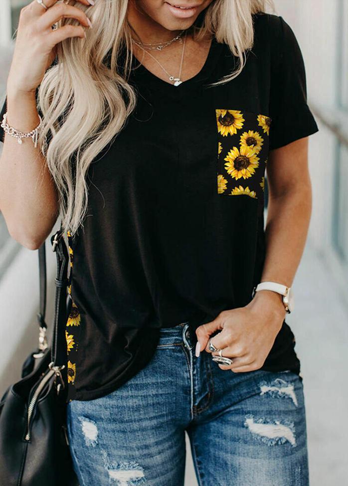 Leopard Printed Patchwork V Neck Short Sleeve T-shirt